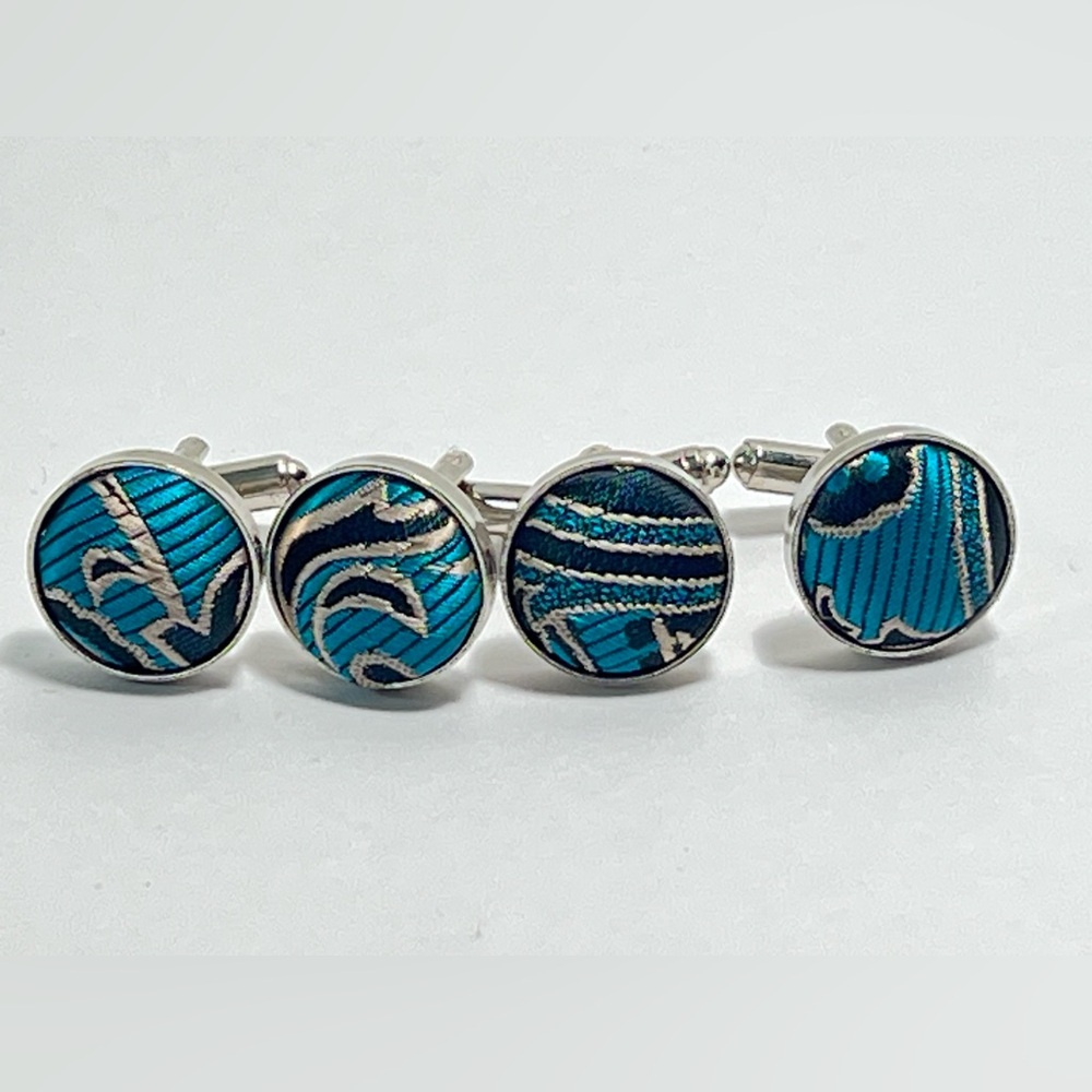 Turquoise Black Silver Fabric Cufflinks 2 Pairs